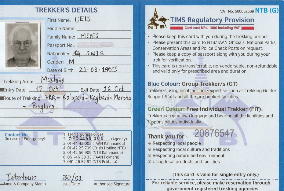 Registration Card for Group Trekkers